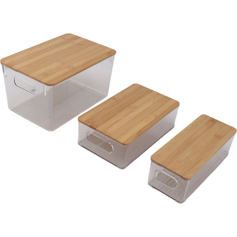 Lot de 3 boîtes de rangement multifonctionnelles transparentes, empilables et avec couvercle en bois. (1/5)