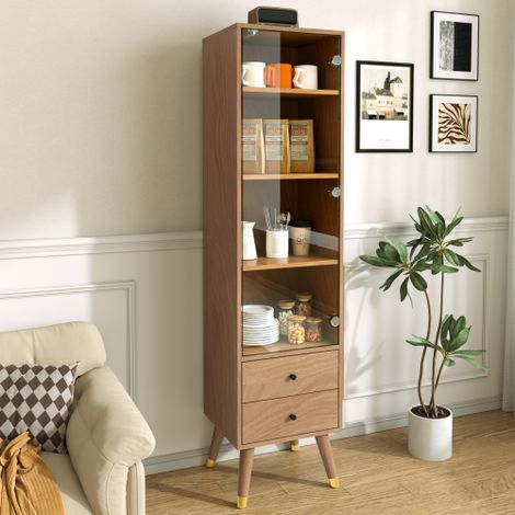 Mobile alto moderno con anta in vetro, vetrina con ripiani regolabili e 2 cassetti, mobile indipendente per soggiorno, bagno e ufficio con finitura effetto legno. (1/5)