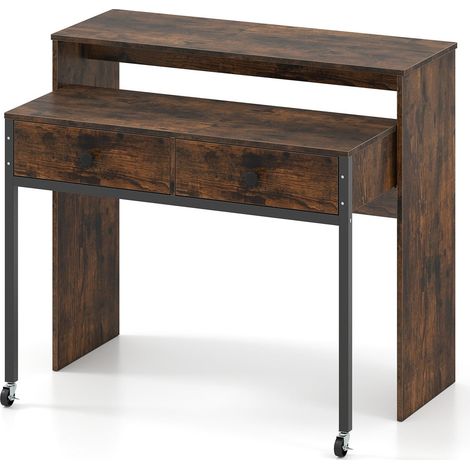 Ausziehbarer schreibtisch mit 2 schubladen und rollen 100 x 63 x 88 cm braun