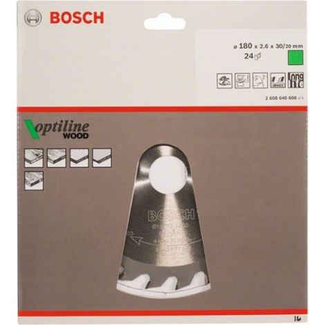 BOSCH DISCO SIERRA OPTILINE MADERA130 X 2.4 X 20/16D: 20WZ Diámetro disco x eje (mm) 180x20 Número de dientes 24