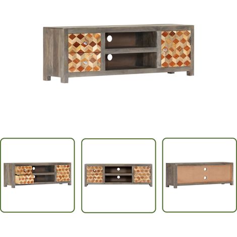 The Living Store Meuble TV Gris 120 x 30 x 40 cm Bois massif de manguier - Meuble Tv - Meuble Televison - Meuble Salon - Mobilier Moderne - Style Mid-century (1/5)