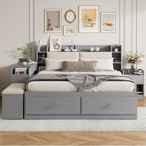 Cama doble combinada moderna 140x200 cm de madera gris con cabecero tapizado, cajones y almacenaje integrado (1/5)