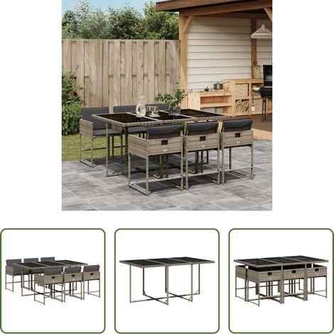 Gartentisch - 7-tlg. Garten-Essgruppe mit Kissen Grau Poly Rattan (1/5)