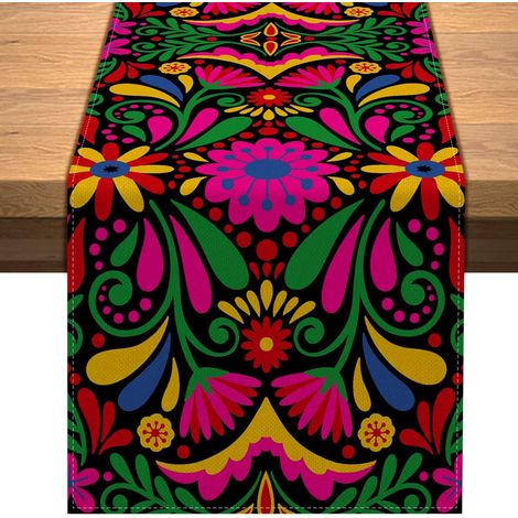 Chemin de table mexicain pour la Fête des Morts, motif floral et crânes, décoration d'Halloween pour salon et meuble TV - 30 x 180 cm (polyester) - WSJZQ-26