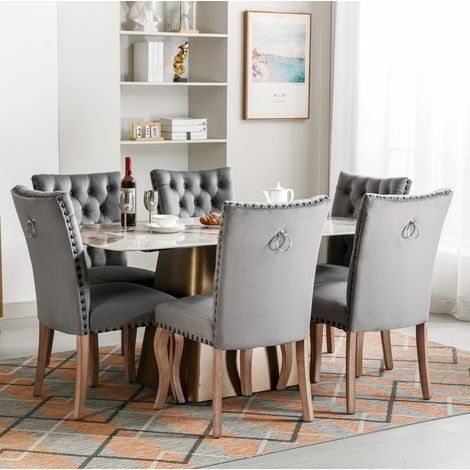 Chaises de salle à manger (chaise de cuisine, chaise de salon avec heurtoir unique au dos, lot de 6), chaise rembourrée avec bordure à têtes de clou, pieds en bois massif, revêtement en velours, gris