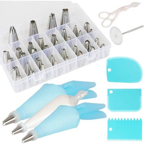 Poche à douille, 36 douilles en acier inoxydable, 2 poches à douille réutilisables en silicone pour gâteaux, cupcakes, biscuits et pâtisseries (56 pièces) (1/5)