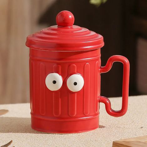 Mug en céramique avec couvercle, motif poubelle de recyclage (rouge, 470 ml) - Tasse à café créative (1/5)