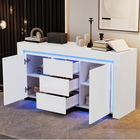 Buffet 140x40x65 cm blanc en MDF avec LED, 2 portes, 3 tiroirs et façade brillante (1/5)