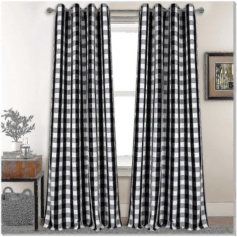 Schwarz-weiß karierte Vorhänge im Landhausstil fürs Schlafzimmer, lichtdurchlässige Vorhänge, Knopflochvorhänge fürs Wohnzimmer, 2er-Set, 132 cm breit x 213 cm lang - Crezuo