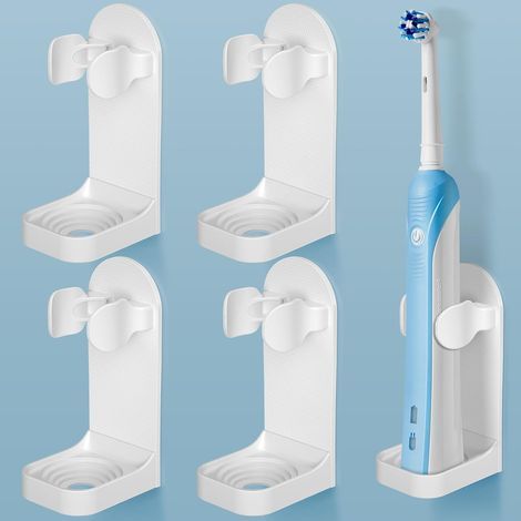 4er-Set – Zahnbürstenhalter – Halter für elektrische Zahnbürsten – Verstellbarer, selbstklebender Wandorganizer fürs Badezimmer, Weiß, 8 x 5 cm (1/5)