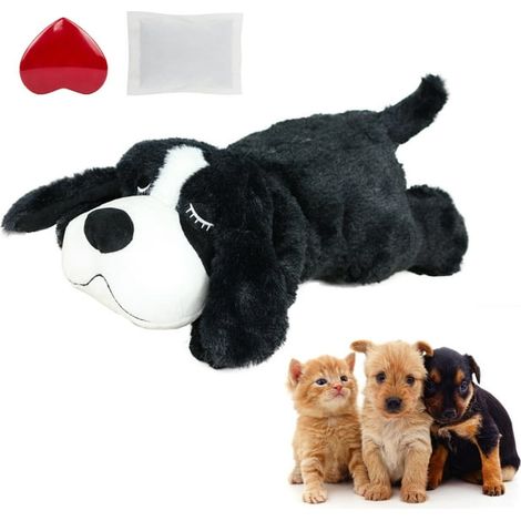 Coussin peluche chien battement de coeur noir et blanc, jouet doux apaisant pour animaux, taille 30cm, peluche interactive avec simulateur de rythme cardiaque, cadeau réconfortant pour chien et chat. (1/4)