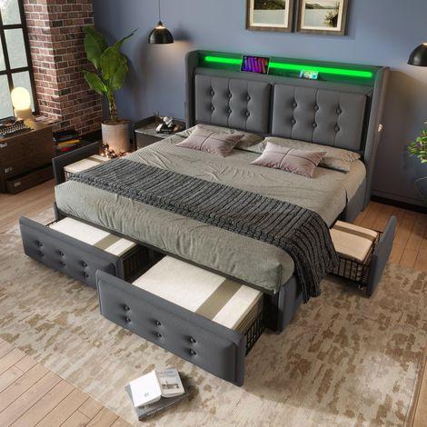 Cama con espacio de almacenamiento de tela de algodón y lino gris 180x200 cm con LED, USB-C, somier y 4 cajones (1/5)