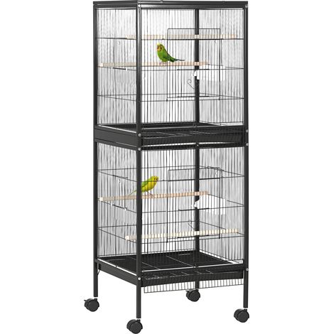 Gabbia Voliera per Uccelli per Interni con Ruote e Vassoi Estraibili, 51.5x50x140 cm, Nero