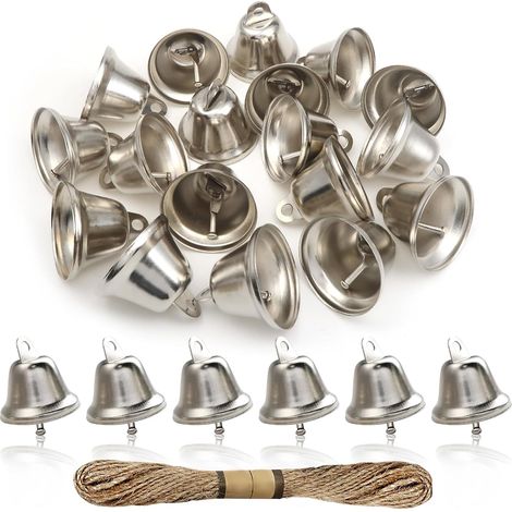 Lot de 20 Clochettes en Argent 38mm Petites Cloches Grelots en Métal avec 1 Rouleau de Corde de Chanvre pour Carillons Éoliens Décoration Cloches pour Animaux (1/5)