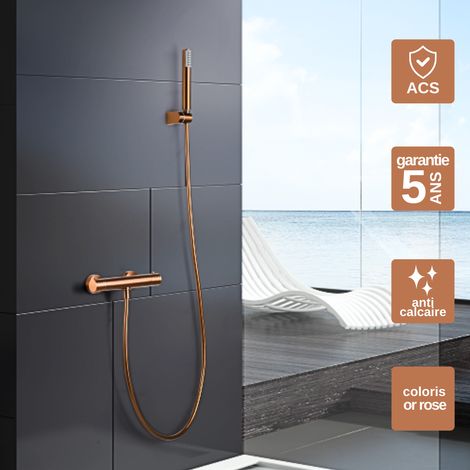 Mitigeur Douche Thermostatique or rose cuivré Pommeau Anti-Calcaire - Design Moderne - Kit Complet GENOVA IMEX (1/4)