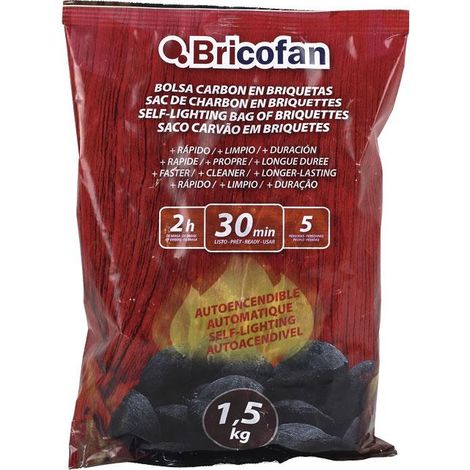 COFAN bolsa carbon en briquetas autoencendible 1,5 kgs , Bolsa de carbón vegetal en briquetas para utilizar en barbacoas. Basta con encender la bolsa y en tan solo 30 minutos obten