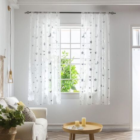 Stars and Moon Pattern Sheer Voile Curtains - 2 Panels 100 x 130 cm - Polyester - Standard 3.8 cm Rod Pocket (1/5)