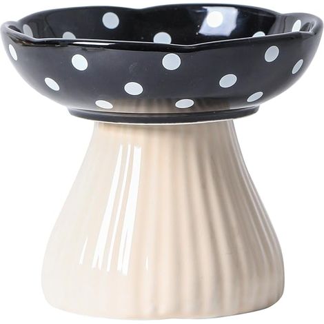 Raised Ceramic Cat Bowl Mushroom Bowl Cat Bowl Large Shallow Bowl with Stand Anti-Vomiting for Kittens and Aged Cats (Black) (1/5)