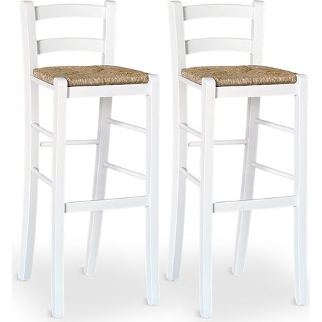 Paar Hocker 80 cm hoch in weißem Holz mit Rückenlehne und Sitz aus Stroh (1/5)
