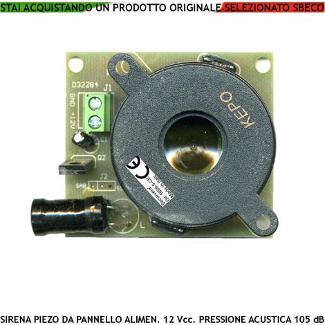 Sirena Piezoelettrica Acustica 105 dB Alimentazione 12 Vcc Morsetti Polarizzati Assorbimento 80 mA Amplificazione Bitonale A/B 1500 +/- 4000 Hz Fissaggio a Pannello Interno Tramite 4 Fori IP30 (1/2)