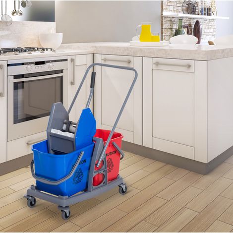 Carro de limpieza con 2 cubos, escurridor y 4 ruedas, 73 x 45 x 92 cm, azul/rojo HAVRYA (1/5)