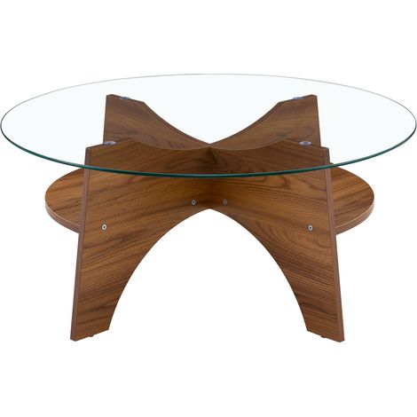 Tavolino rotondo moderno in vetro temperato Ø 80 cm con base in MDF effetto noce (1/5)