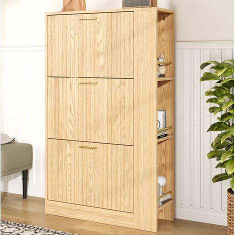 Zapatero de MDF color natural 70 x 23,5 x 115 cm, 3 puertas y estantes laterales abiertos (1/5)