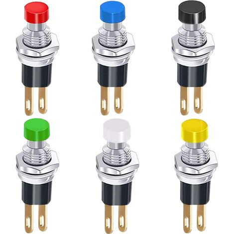 6Pcs Self-locking 7mm Mini Push Button Switch SPST Latching Type ON/OFF 2 Pin Round Button 3V-6V-12V-24V-230V/1.5A Mini Switch (Black White Blue Red Yellow Green) (1/5)
