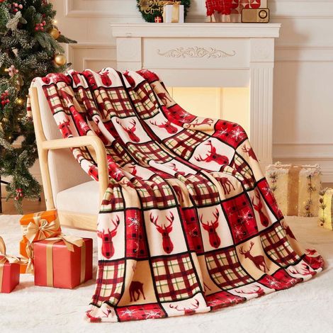 Couverture De Noël - Flanelle Douce - Pour Canapé Chaise Bureau Lit - Motif Renne Arbre De Noël - 70 x 100 cm - 1 Pièce (1/5)