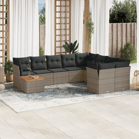 Ensemble salon jardin 10 places résine tressée gris avec coussins amovibles, table acacia et rangement intégré (1/5)
