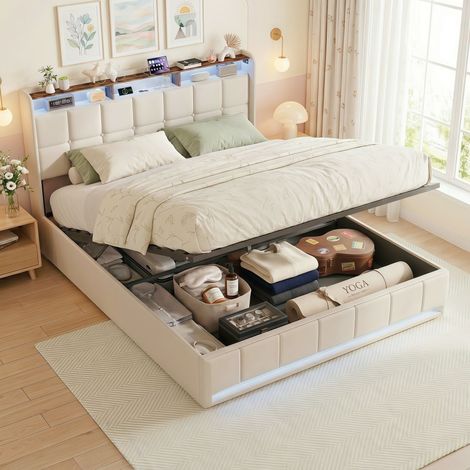 Cama Canapé 140x190 cm, Cama de Matrimonio Adulto/Infantil con Somier de Láminas, Cabecero Tapizado en Lino, Almacenaje Hidráulico, Iluminación LED y Puertos USB/Tipo C - Beige