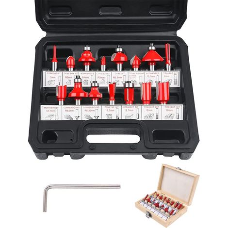 Fraises Defonceuse 6.35mm. Coffret de 15 Fraises Tige de 6.35mm 1/4", Coupe-outils pour Travail Bois à Pointe en Carbure de Tungstène, Tige Forets en Acier Forgé (1/5)