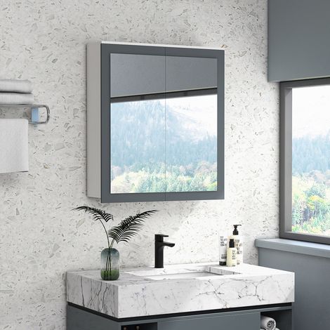 Meuble de Salle de Bain avec Miroir Meuble de Salle de Bain à Suspendre avec 2 Portes en Verre et Étagères Réglables 69x17x75.5 cm Blanc (1/5)