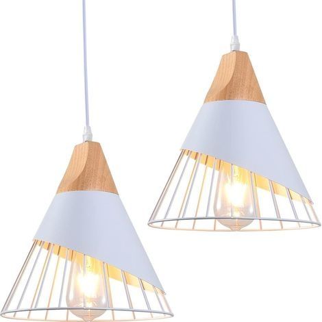 2x Suspension Luminaire Vintage,Bois Métal design Lampe Plafonnier Industrielle en Luminaires Suspension Abat-jour 27 Applique d'Eclairage pour salle à manger Cuisine,Blanc (1/5)