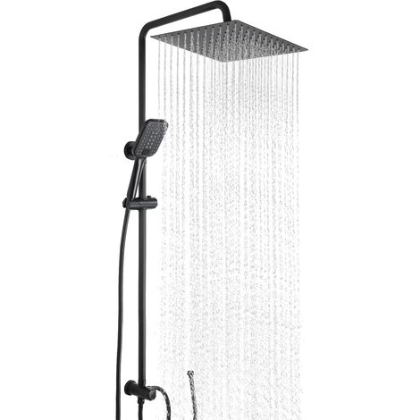 Colonne de Douche sans Mitigeur, Ensemble de Douche, 20x20cm Pommeau de Douche Pluie en Acier inoxydable, Avec Flexible Douche 1,6m et Barre de Douche Réglable en Hauteur, Noir (1/5)