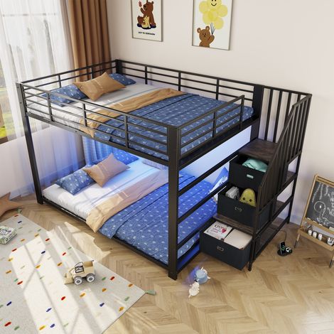 Lit superposé adulte 140x200 cm en métal avec escalier rangement, LED, prises USB, barrière de sécurité, échelle réversible gauche/droite - Noir (1/5)