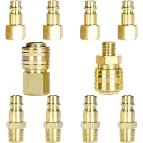 Raccord pneumatique rapide 1/4 pouce – Raccord d'air comprimé avec vanne intégrée – Acier-cuivre traité – Lot de 10 pièces (1/5)