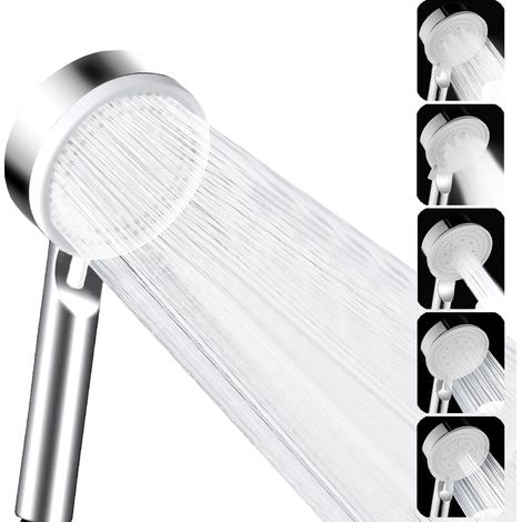 Sollbry Pommeau de douche, douchette à main haute pression pour salle de bain, 5 modes de jet haute pression, économie d'eau, installation facile, argent (1/5)