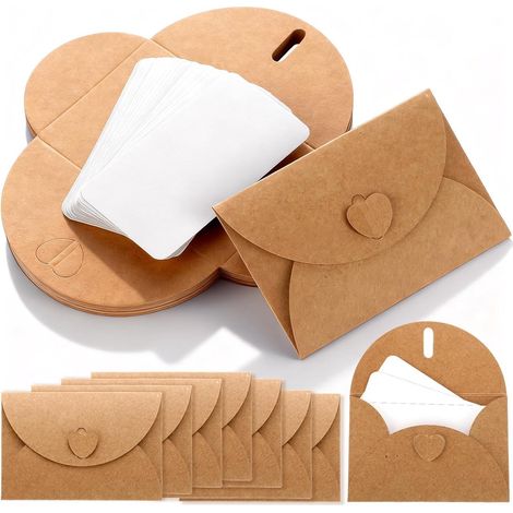 Lot de 50 mini enveloppes en papier kraft avec cartes vierges et fermeture en forme de cœur dimensions 10,5 x 7 cm pour mariages anniversaires fêtes et cartes postales couleur marron (1/5)