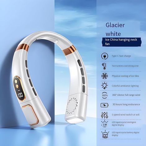 Ventilateur de Cou Portable -High-Tech Éclairage - Sans pales affichage numérique 5 vitesses 4000mAh - Intérieur extérieur - Blanc (1/4)