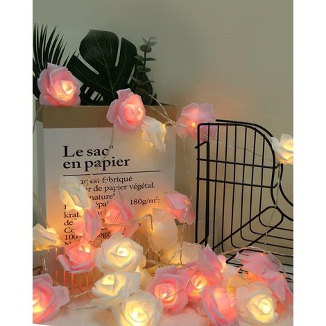 Guirlande lumineuse rose à 20 LED en plastique - Rose et blanc - Fonctionne sur piles - Décoration pour la maison, la chambre et les fêtes (1/5)