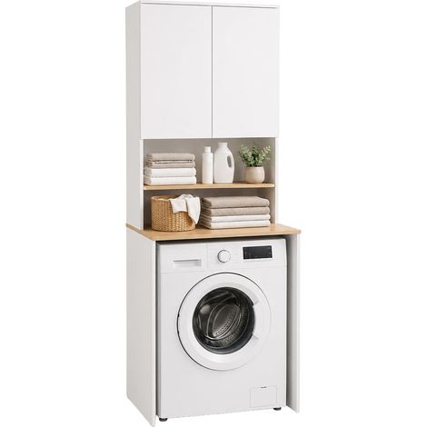 Relaxdays armadio sopra lavatrice, 4 scomparti HxLxP 188,5x68x60 cm, per lavatrice e asciugatrice, bianco/naturale