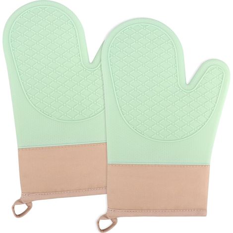 2 gants cuisine surface silicone antidérapante, intérieur coton, résistants chaleur, verts (1/5)