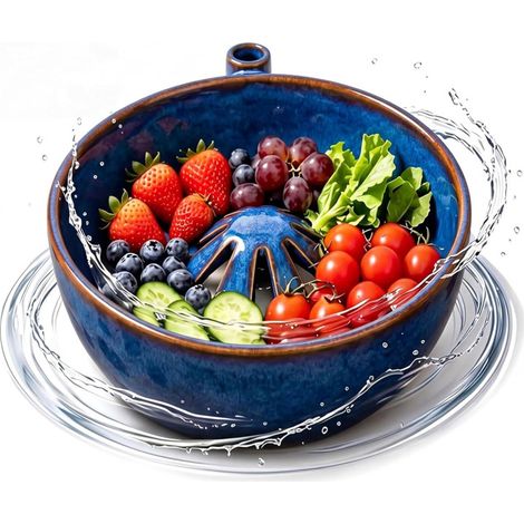 Bol à Fruits Rouge – Nettoyeur Rotatif Céramique 360° – Pour Fraises, Myrtilles, Raisins – Lave-Fruits avec Trous Évacuation – Bleu (1/5)