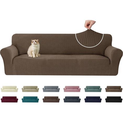 1 Housse de canapé 4 places, Extensible, Antidérapante, Polyester, Marron, Salon