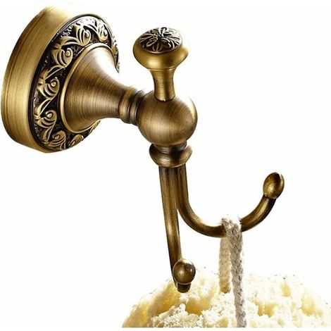 Patère Murale Double - Laiton - 2 Crochets - Design Antique à Base Sculptée - Bronze Vieilli - Pour Salle de Bain WC Entrée Chambre - 1 Pièce
