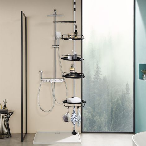 Hofuton Étagère de Douche pour Salle de Bain avec Tubes Télescopiques et 4 Tablettes 105-310 cm Noir (1/5)