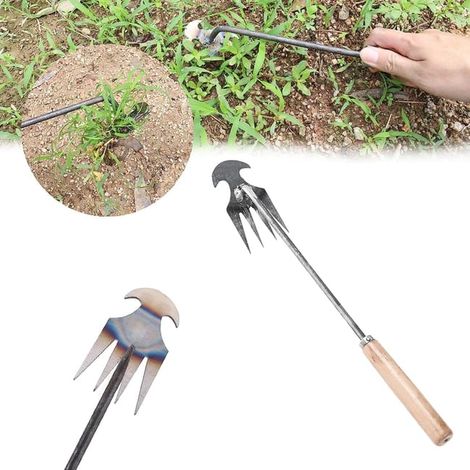 Outdoor Manual Weed Puller – 4-Tooth Gardening Tool – Lawn and Garden Weed Extractor – Removes Roots (Wood Handle 30 cm) (1/4)