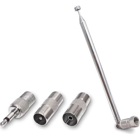 Antenne FM - Connecteur F - Réglable Télescopique 15 à 76 cm - Impédance 75 Ohm - Adaptateurs IEC Coax TV BNC Inclus - 1 Pièce