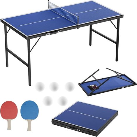 Froadp Klappbarer Mini‑Tischtennistisch Koffer‑Design, MDF‑Platte, Indoor/Outdoor, Netz, 2 Schläger, 5 Bälle, integrierte Tasche, Blau, 152,5 × 76 cm (1/5)